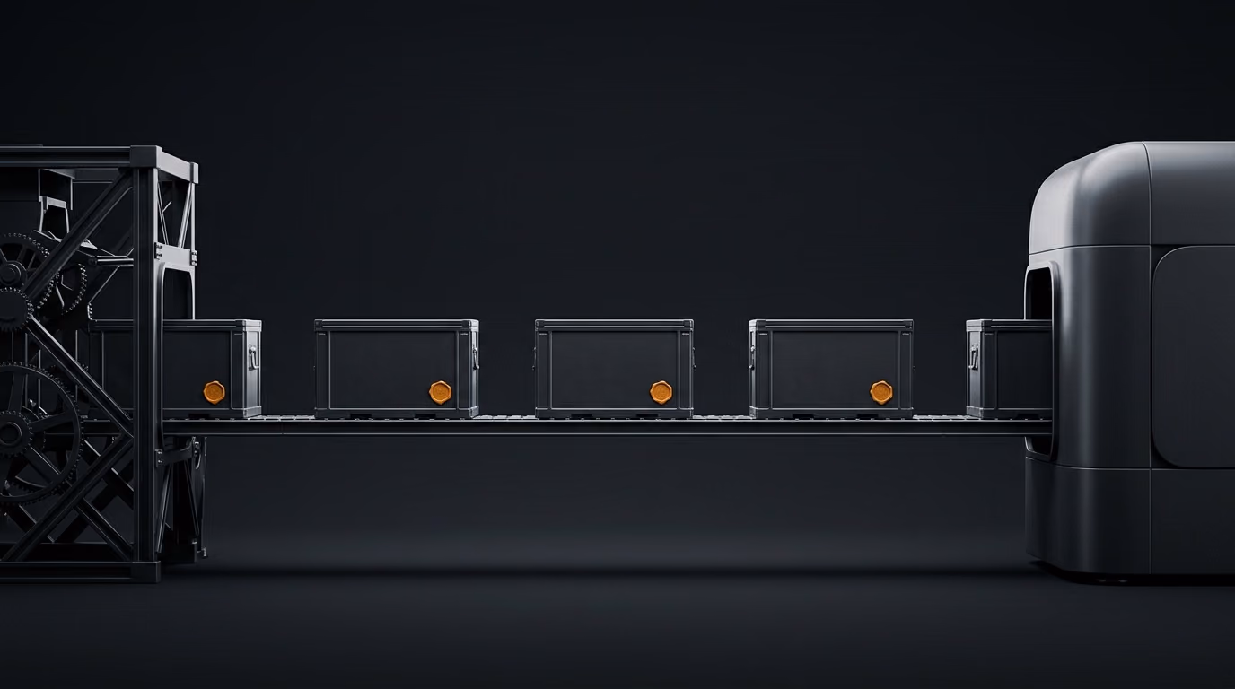 Sealed containers with amber seals moving on a conveyor between two different machines