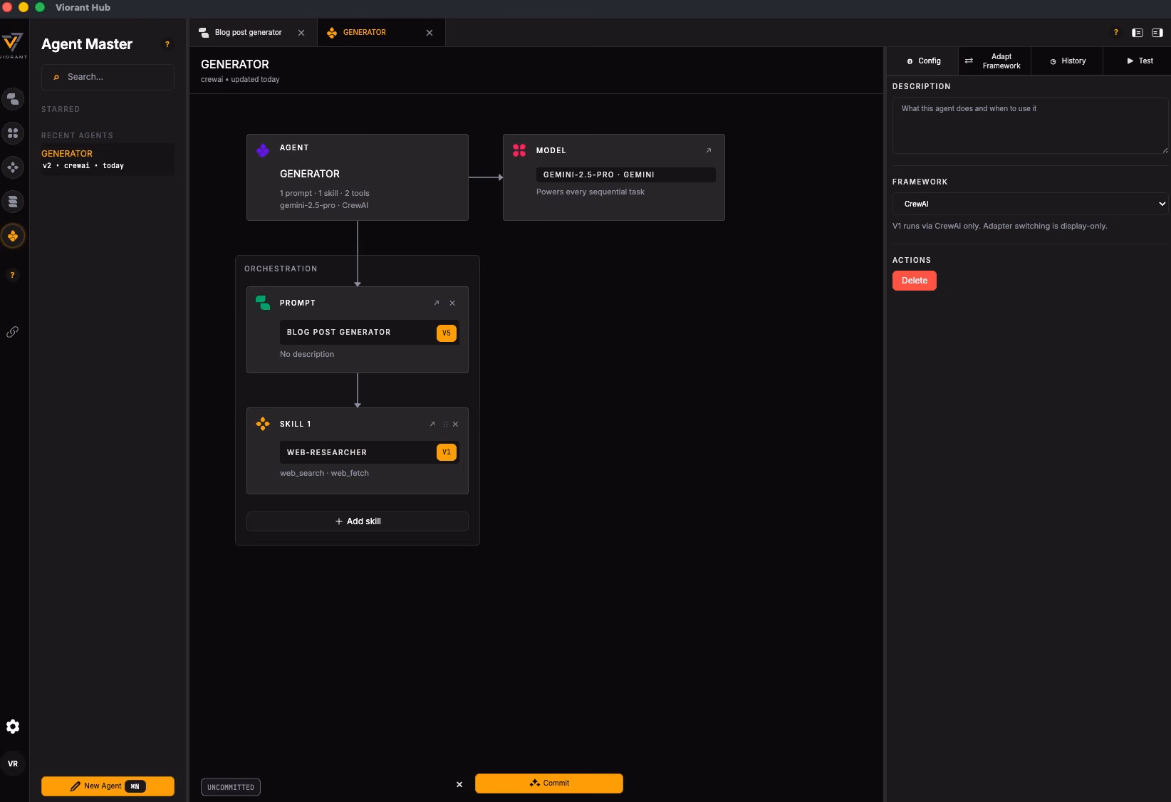 Viorant Hub interface for composing and testing AI artifacts